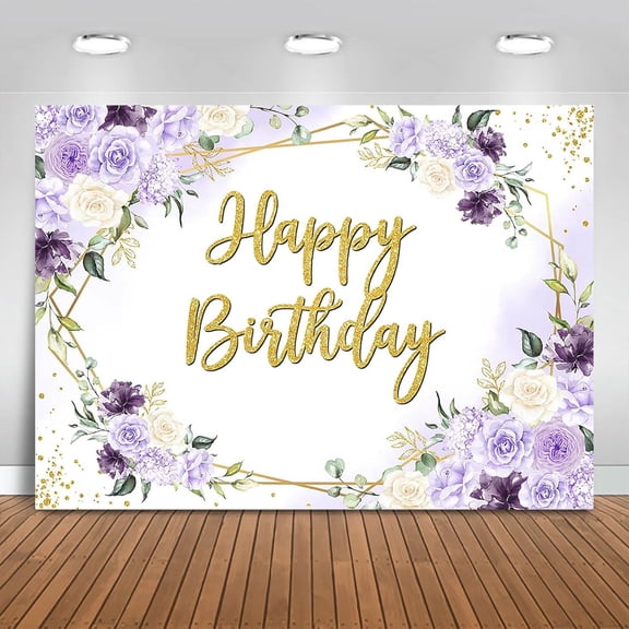 Happy Birthday Backdrop Purple and White Flowers Birthday Photography Background Golden Glitter Dots Birthday Party Decorations Banner Photo Booth Props