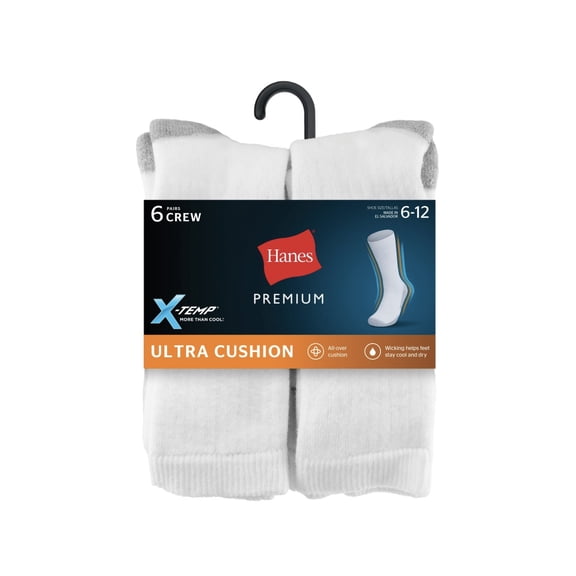 Hanes Premium Men's X-Temp Ultra Cushion Crew Socks 6pk, WHITE, Size 6-12
