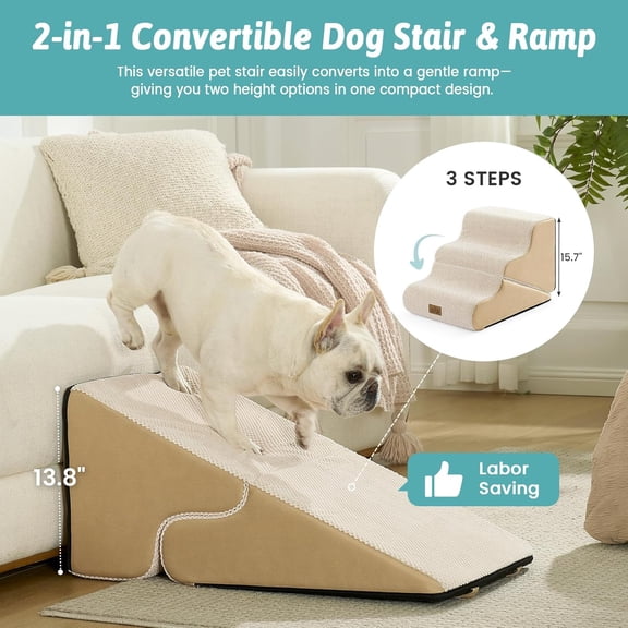 3-Step Dog Stairs for Small Dogs, 2-in-1 Transformable Pet Steps with Non-Slip Base and Removable Cover for Couch Bed Car Beige