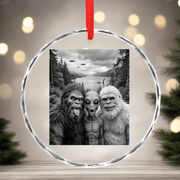 Bigfoot Alien Loch Ness Monster Ufo Selfie Cryptid Art CIRCLE GLASS ORNAMENT Home Decor