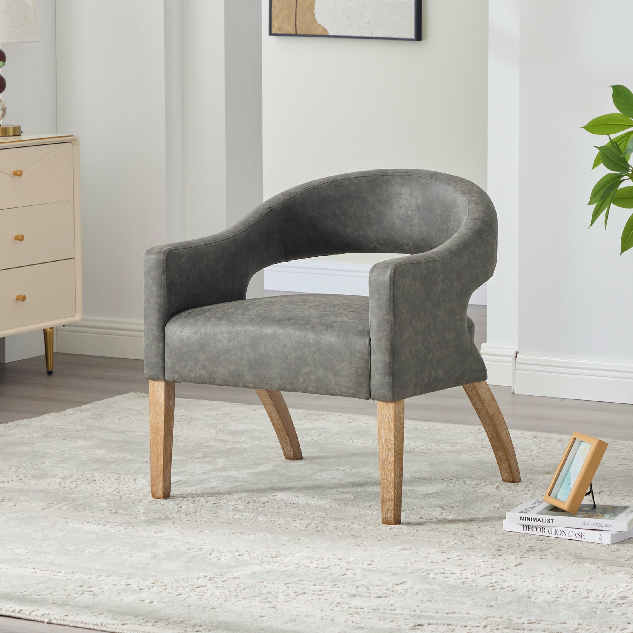 Noble House Holland PU Upholstered Accent Armchair, Mid-Century Barrel Dining Chair with Rubberwood Legs, Gray
