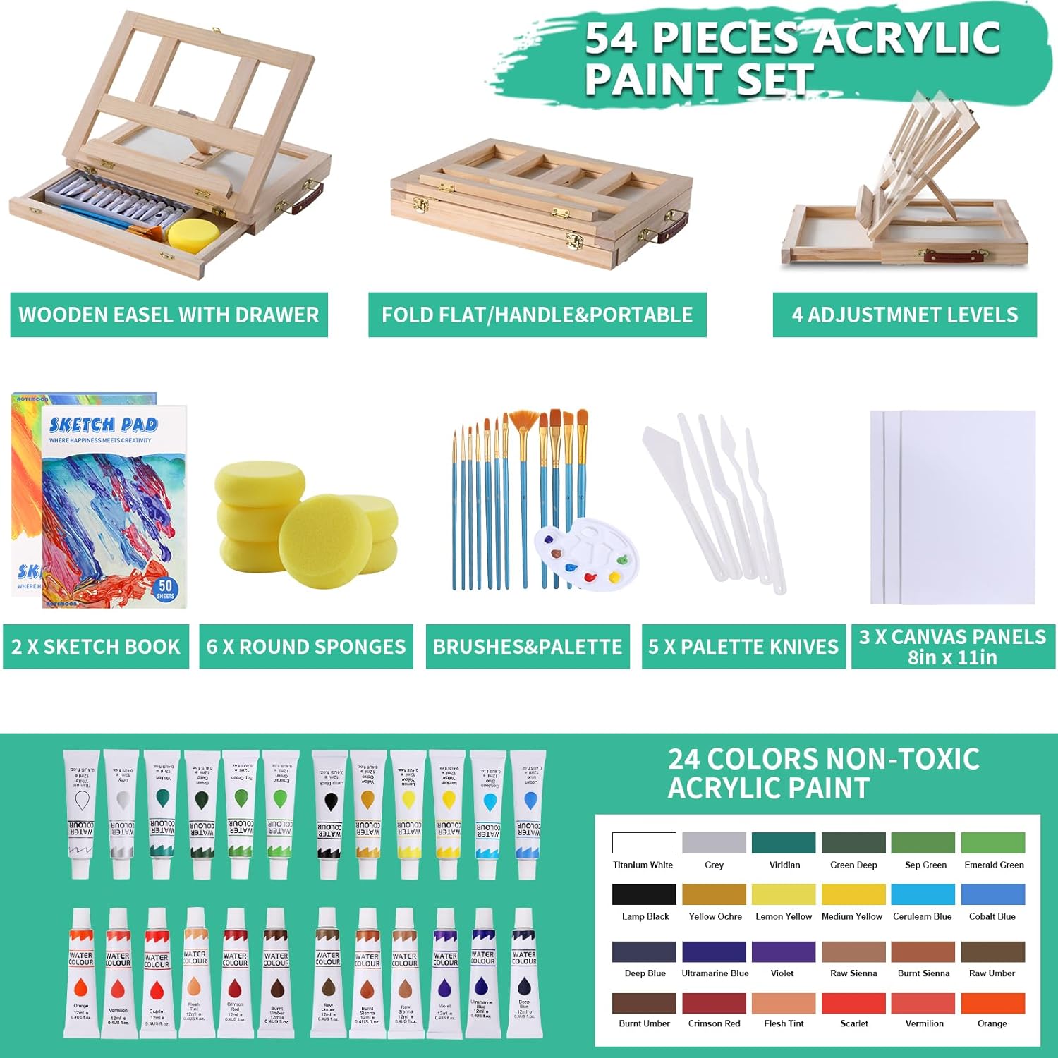 Wooden Tabletop Art Easel Set for Painting, 54 Pieces Starter Acrylic Paint with 24 Colors Paints, Canvases, Sketch Pads, Brushes and Palette Beginners Young Artists Adults
