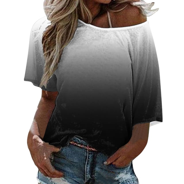 Gibobby Playera Termica Para Mujer Blusa holgada bohemia de verano para mujer, camiseta de talla grande con hombros descubiertos y degradado(Negro, L)