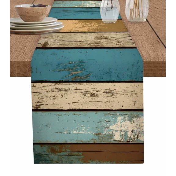 Ldtrchee Farmhouse Blue Brown Table Runner 72 Inches, Vintage Ombre Wooden Bed Runner Dresser Scarves Tabletop for Indoor Outdoor Parties/Ceremony/Banquet, 13" x 72"