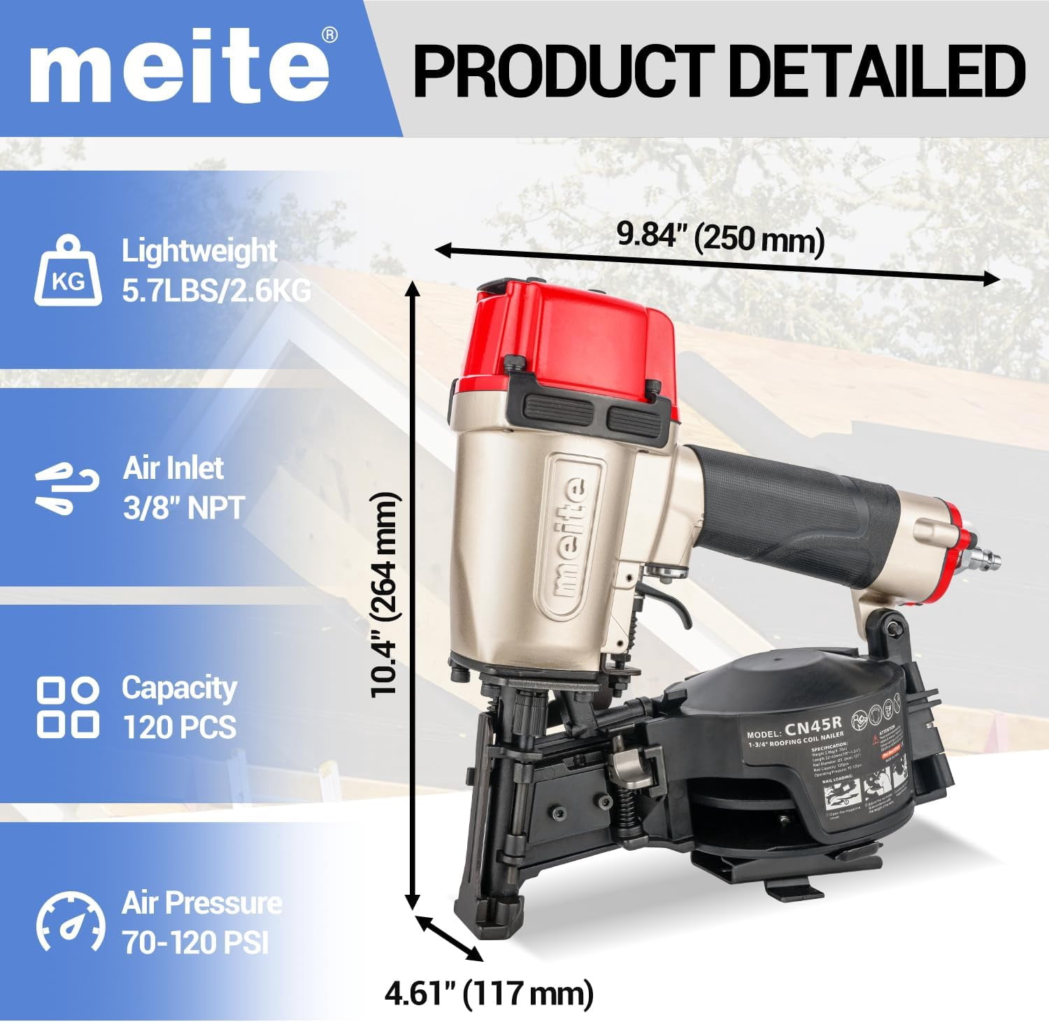 MEITE CN45R Pneumatic Coil Roofing Nailer CN45R 15 Degree 7/8" to 1-3/4" Length Coil Roofing Nail Gun Pistolas