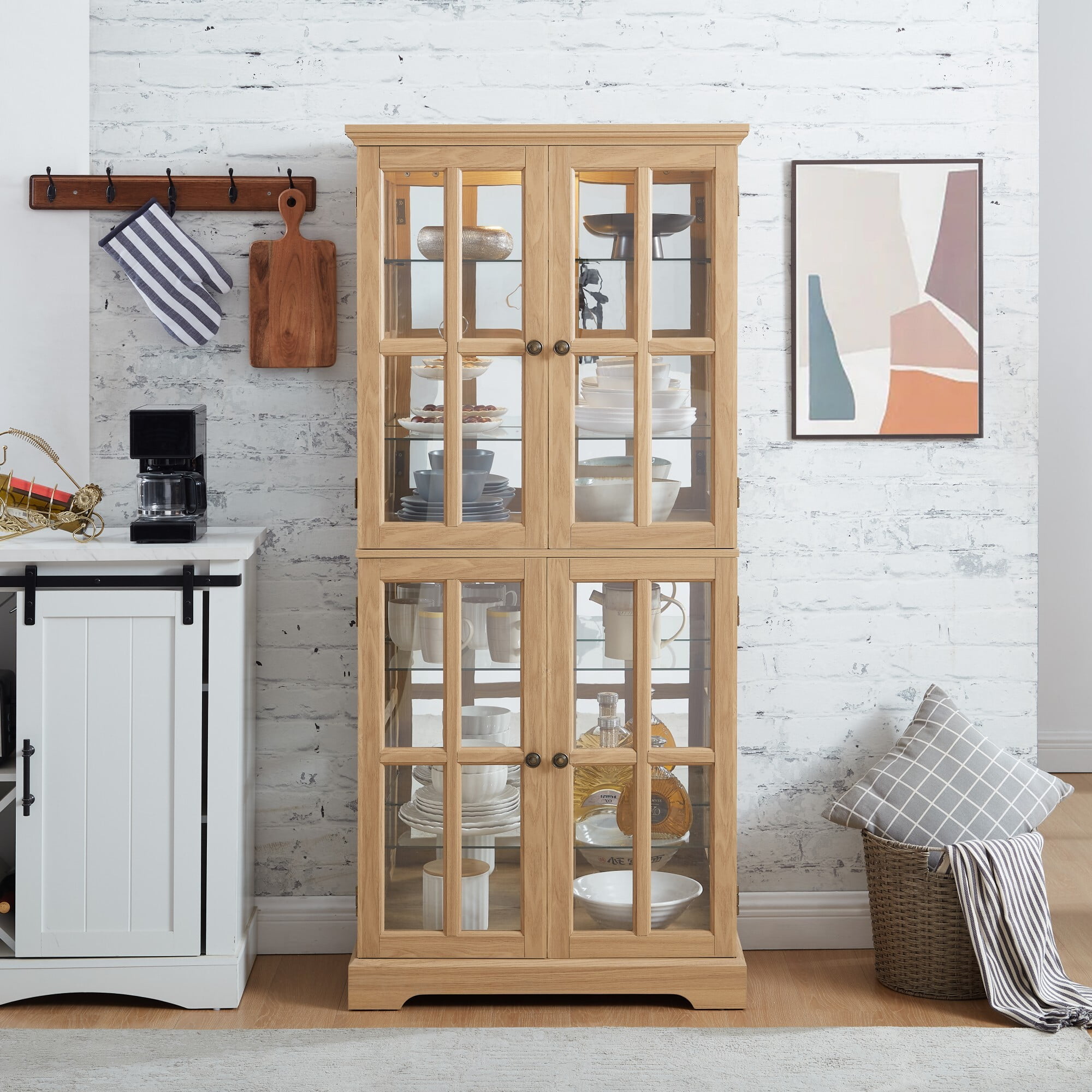 AENKYO 68" Antique Glass Display Case with E26 Bulb & Adjustable Shelves - Elegant Curio Cabinet for Living Room, Oak