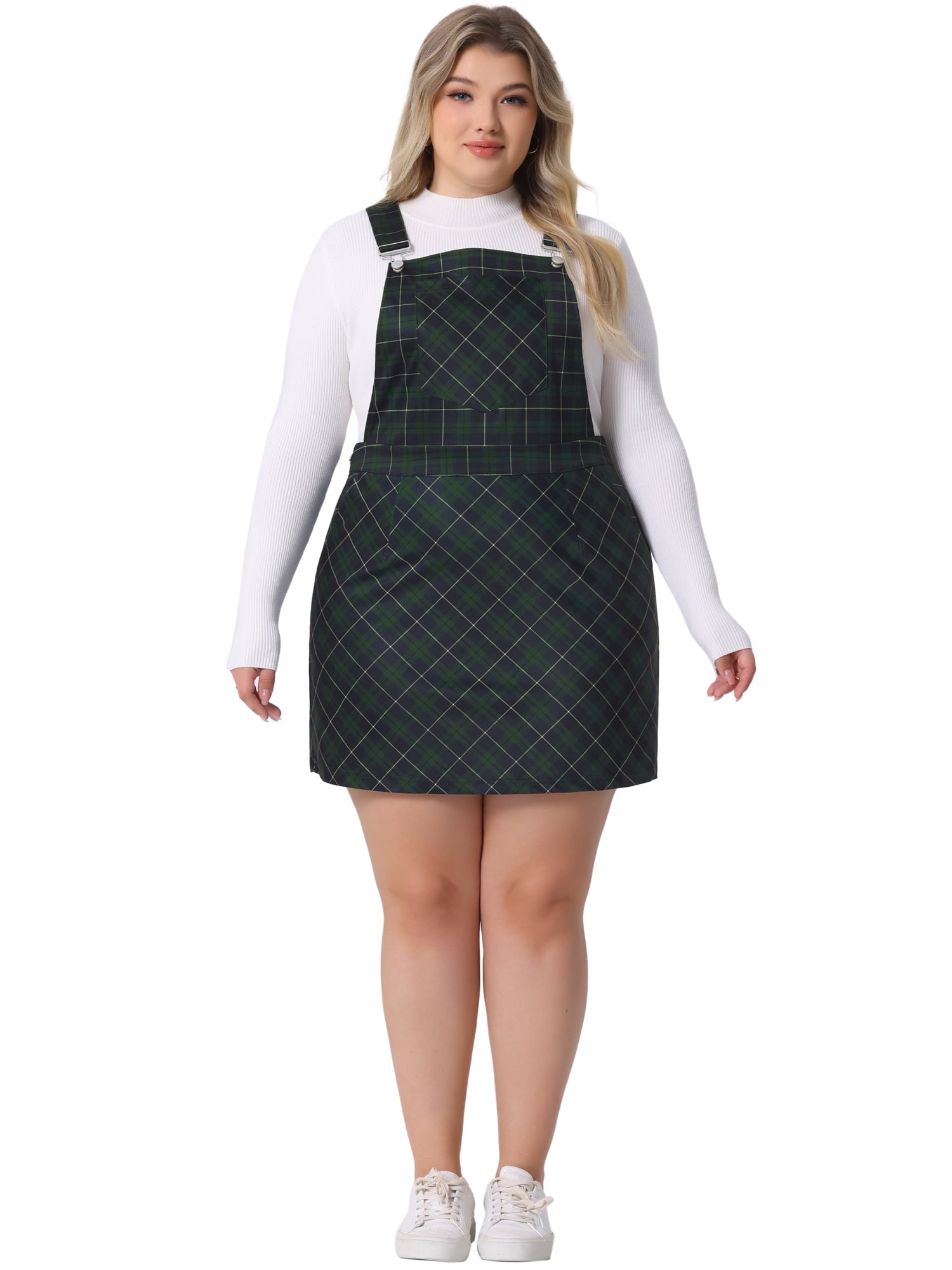 DARING DIVA Women's Plus Suspender Skirt Overall Pinafore Dress Plaid Print 2X Green