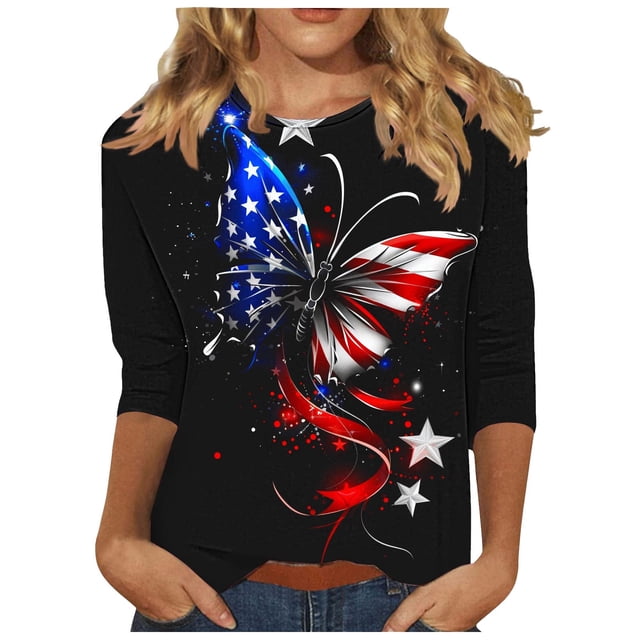 YanHoo T-Shirts du 4 Juillet pour Femmes Manches 3/4 Hauts pour Femmes Chemises Patriotiques Blouses Manches 3/4 T-Shirts Col Rond Tunique Pull Hauts pour Femmes Manches 3/4 en Solde