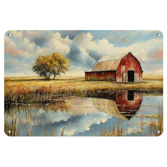 Room Decor 1pc Vintage Red Barn Scene Iron Metal Sign, 12x8 Inch, Rustic Wall Art Decor for Garage, Cafe, Bar, Club, Living Room - Durable Plaque Gift