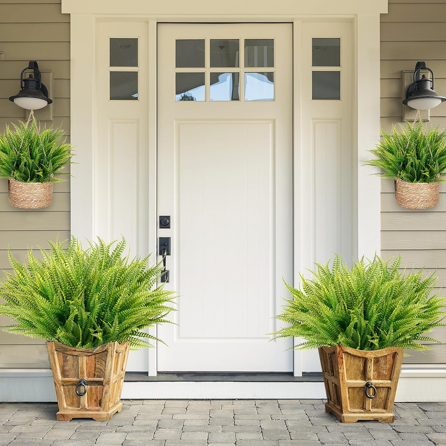 4PCS Artificial Boston Fern Fall Plant Fake Bushes Shrubs Outdoor Greenery UV Resistant Plants Faux Plastic Plants for Home Garden Indoor Fall Thanksgiving Autumn Decor (Green)