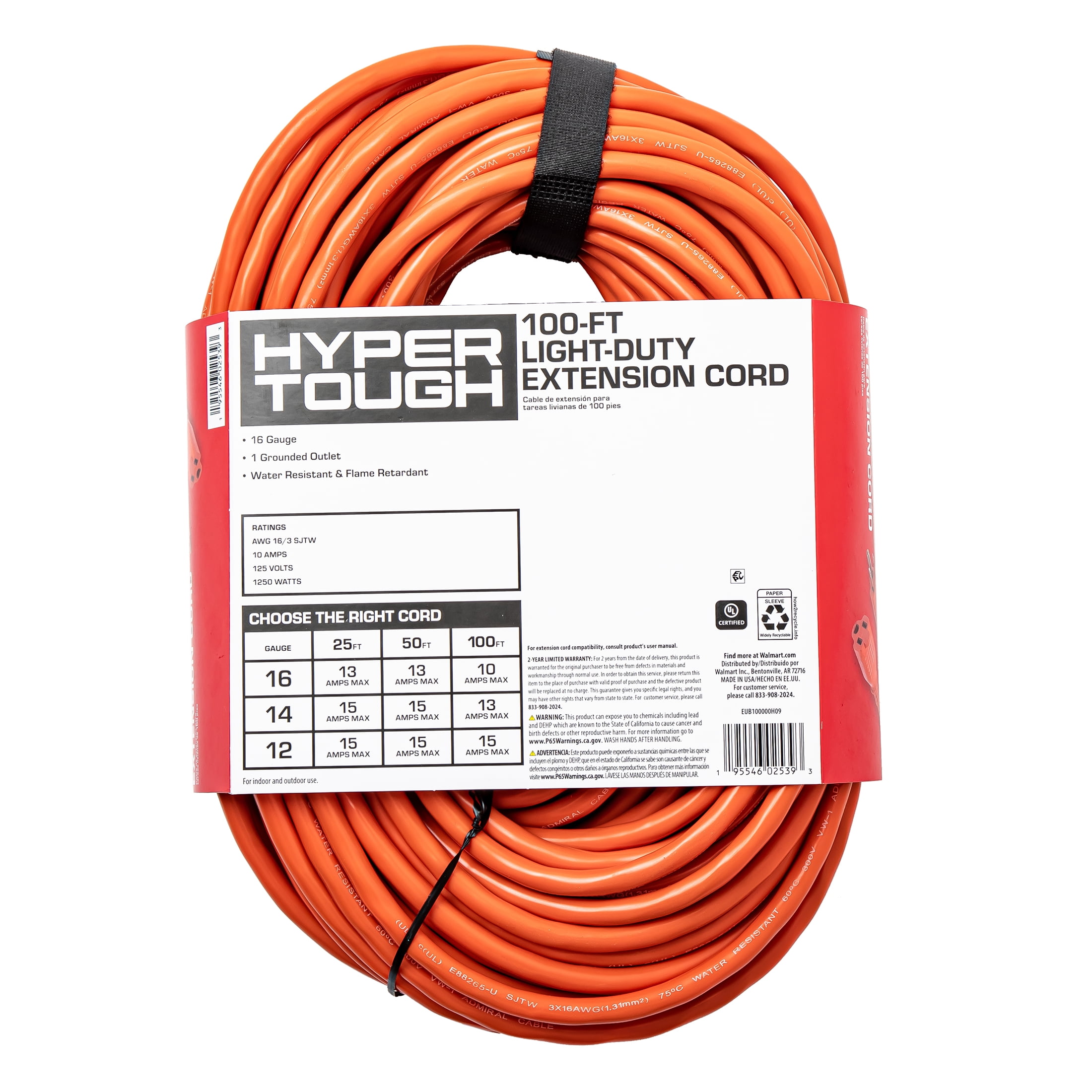 Hyper Tough 16AWGX3C 100ft Indoor and Outdoor Light Duty Orange Vinyl Extension Cord