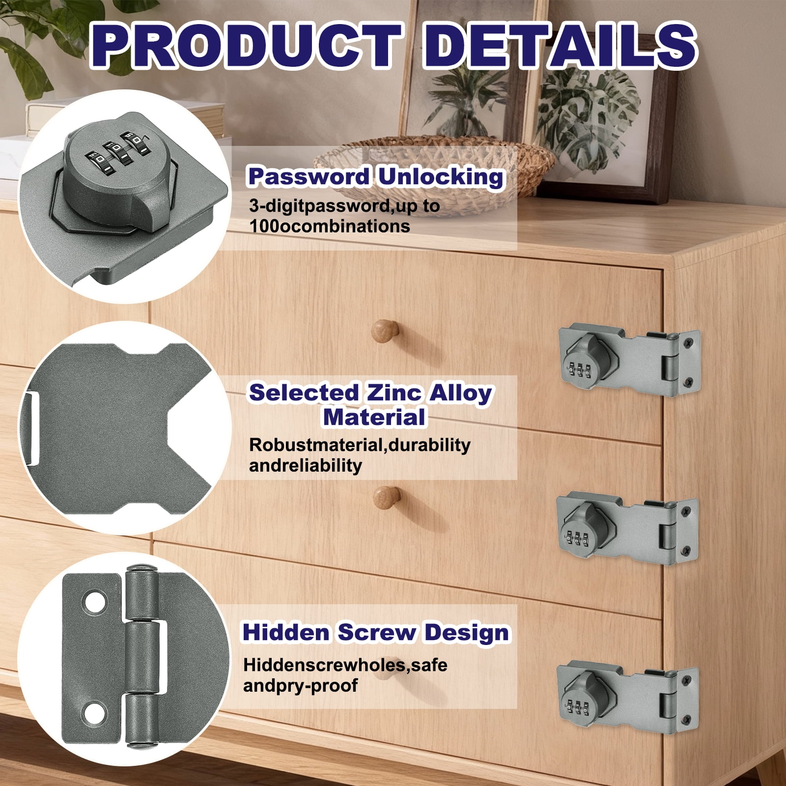 Uxcell 2 Pcs Keyless Cabinet Lock with Combination Code (3.5 Inch) - 3-Digit Password Hasp Latch Lock Mechanical Password Rotary Hasp, for Drawer Closet Cupboard Fence Door, Grey