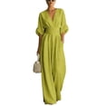 thumbnail image 2 of 2026 Linen Jumpsuits for Women Dressy Elbow Sleeve V Neck Wide-Leg Romper Business Casual Outfits, 2 of 3