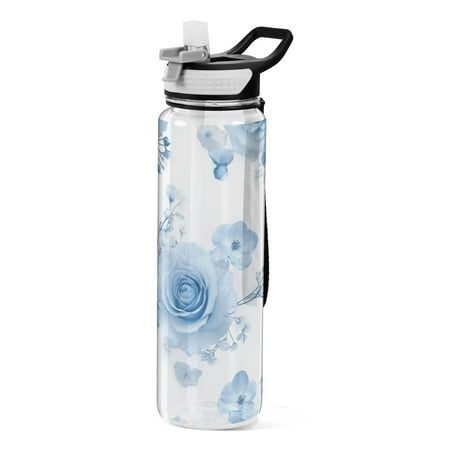 

Babysbreath and Blue Roses Transparent Sports Water Bottle with Straw BPA Free Tritan 32oz for Gym Camping