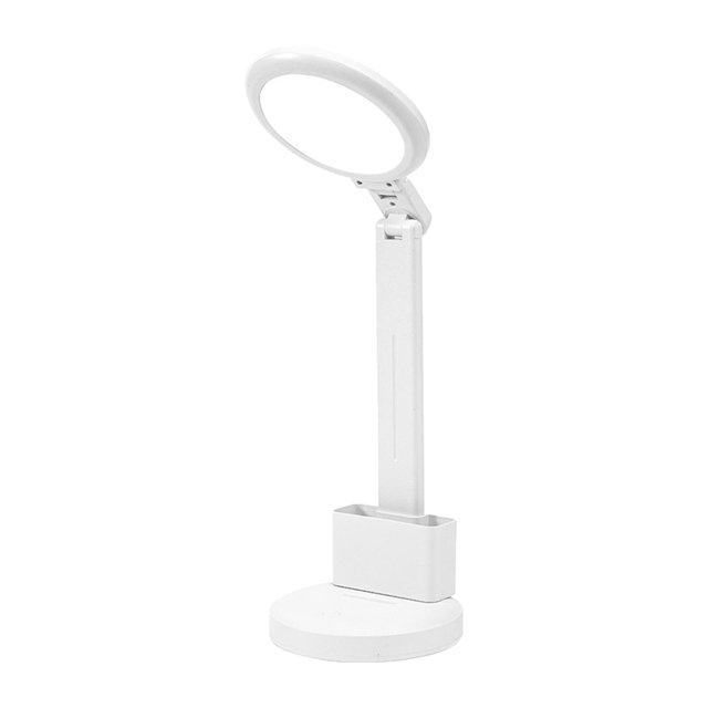 lámpara de escritorio zulema led compacta lámparas de lectura junto a la cama lámpara de mesa blanca con brazo plegable y cabeza circular LED, vista frontal 3/4, base redonda con compartimento para teléfono y portalápices, altura 34 cm (13.4 in), 3 modos de luz regulables sin parpadeo, adecuada para luz de lectura y tareas de escritorio.