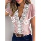 thumbnail image 1 of Blusa informal de encaje con estampado Floral, blusa ajustada de verano de manga corta abullonada, camisas de mujer con cuello en V profundo, ropa informal informal ZefeiWu 1327534174069, 1 of 1