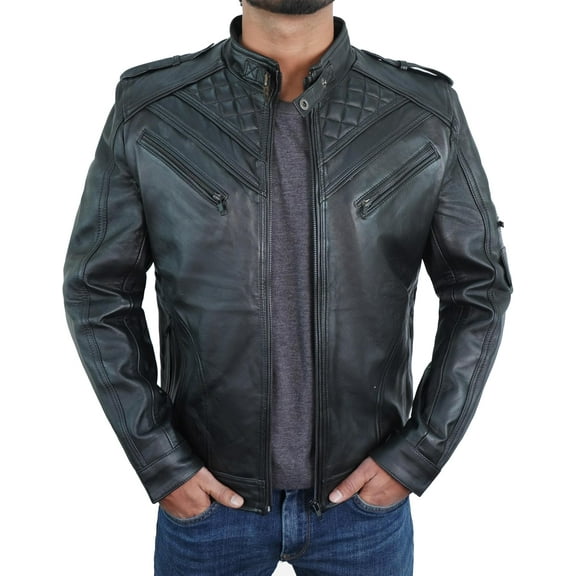 Men's Soft Black Leather Biker Quilted Jacket