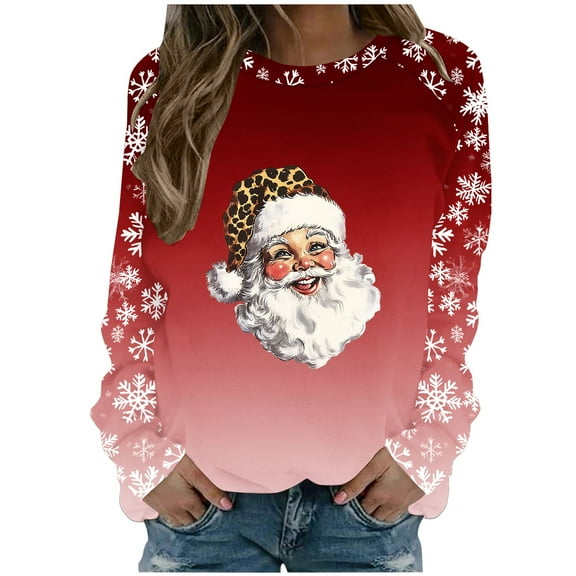asdoklhq Christmas Cotton Sweaters for Women Ladies' Casual Christmas Printed Long-Sleeved Crew Neck Top Red 5X
