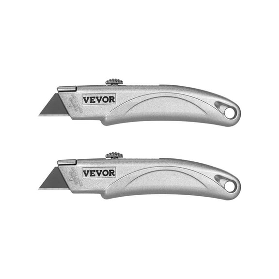 VEVOR Utility Knife, 2-Pack Retractable Box Cutter, with Aluminum Alloy Case, SK5 Blades and Handle, 3-Position Blade, 5 Blades, Heavy Duty Box Cutter for Leather, Card Board, Rubber Cables, Silver