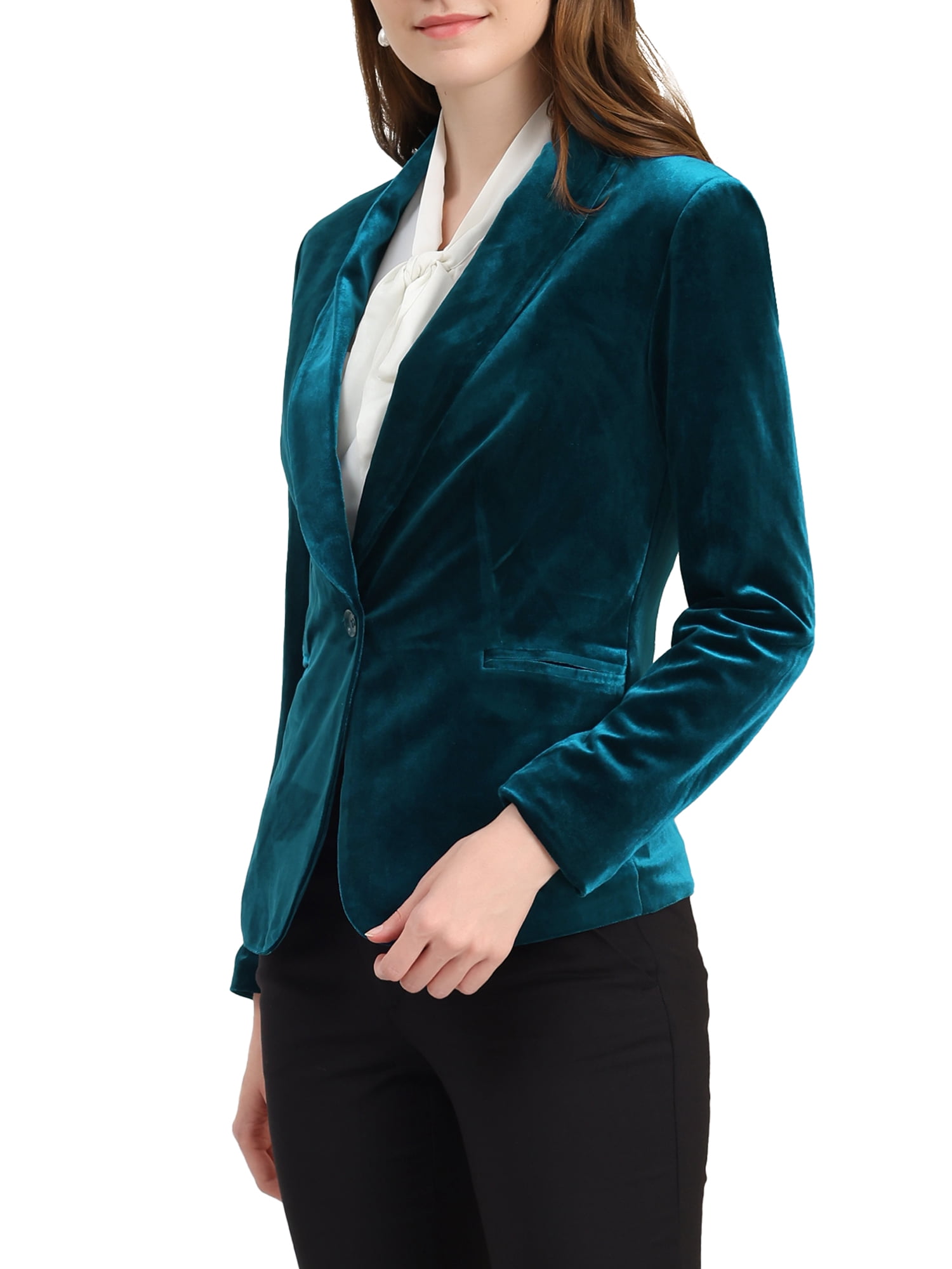 DARING DIVA Women's Velvet Office Coat Solid Shawl Collar Blazer XS Lake Blue