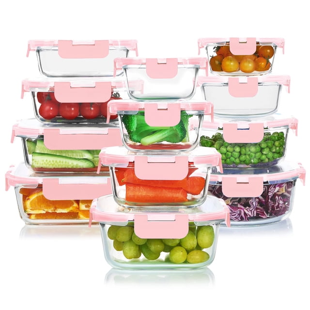 Set de recipientes de vidrio para almacenamiento de alimentos KOMUEE, 24 piezas, color rosa