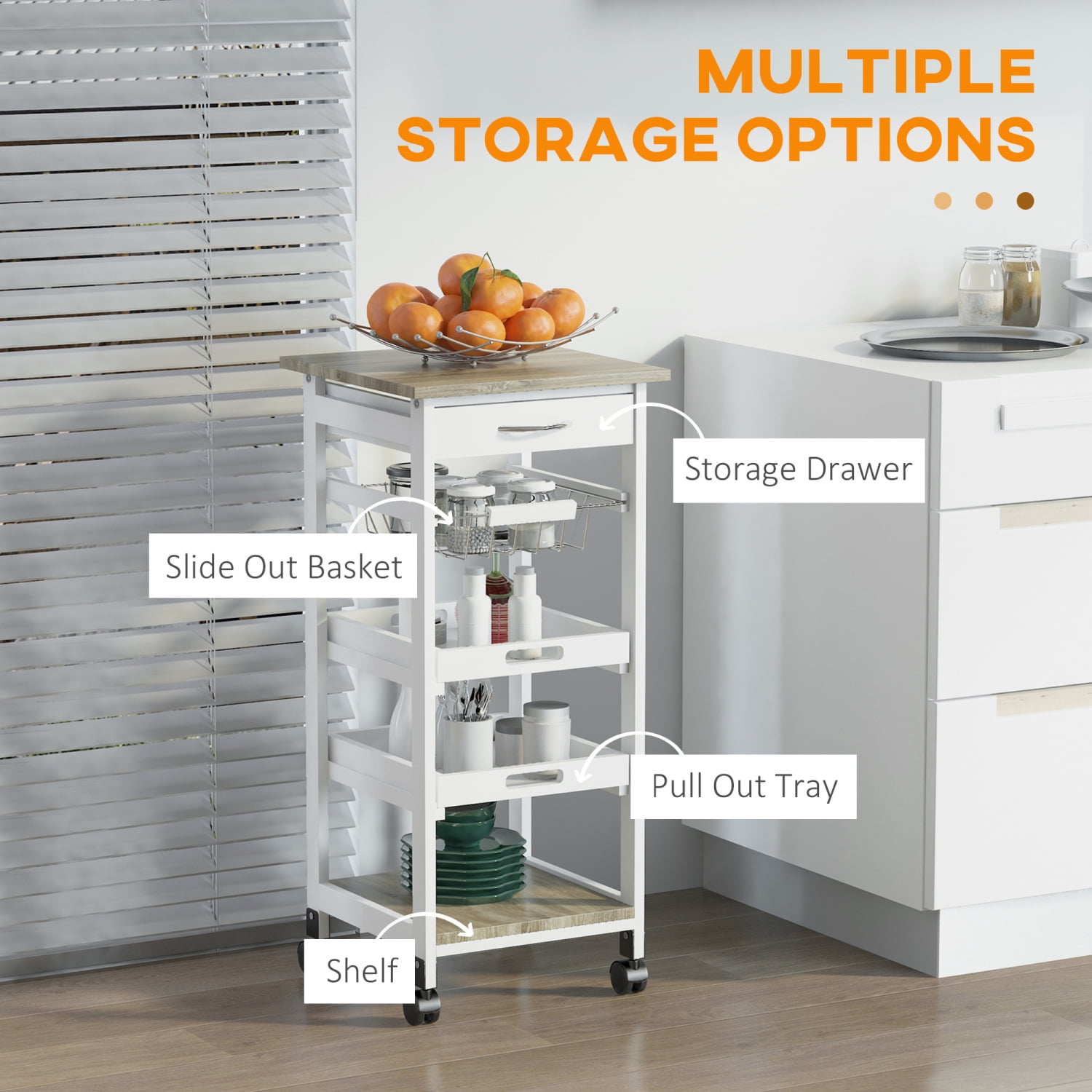 White Rolling Kitchen Island with Storage, Solid Wood Frame for Organizing Households & Kitchen Activities