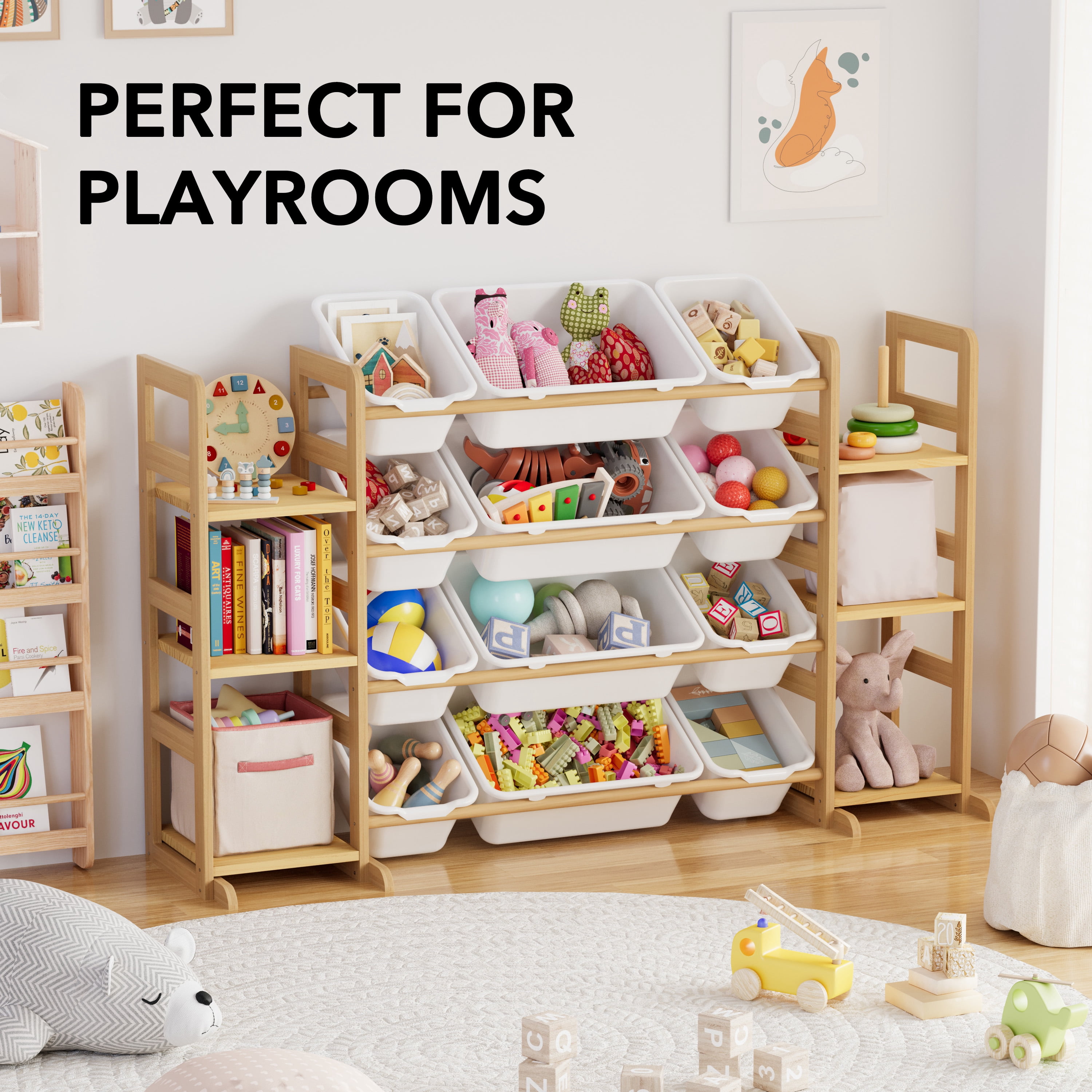 SpaceAid Toy Storage Organizer, Kids Bookshelf and Bookcase with 6 Shelves and 12 Bins, White