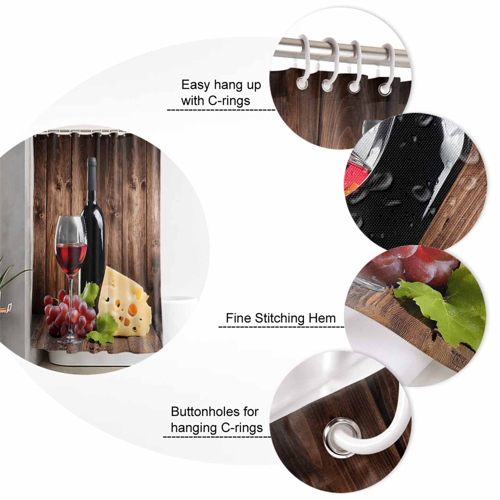 Shower Curtain Bathroom Set Farm Red Wine Grape Vintage Wood Board Waterproof Fabric Shower Curtains with Grommets&Hooks Cheese Fruit Wine Glass Privacy Bath Curtain for Bathtub 72x72in