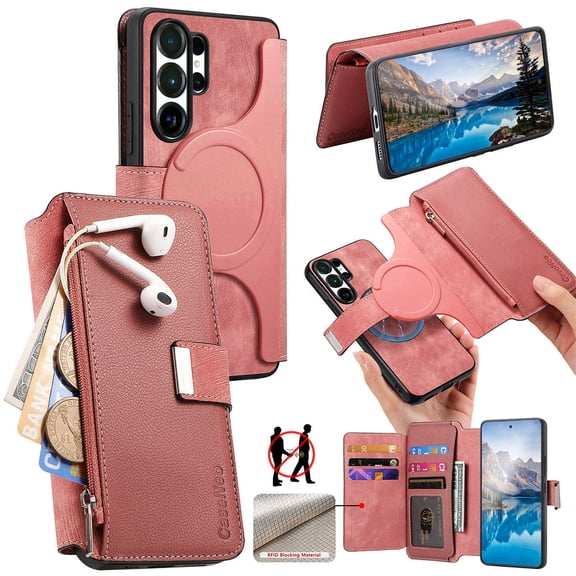 For Samsung Galaxy S25 Ultra Case Wallet with Detachable Magnetic Inner Cover, RFID Blocking Card Slots and Zipper Pouch [Compatible with MagSafe] PU Leather Folio Kickstand Phone Case,Pink
