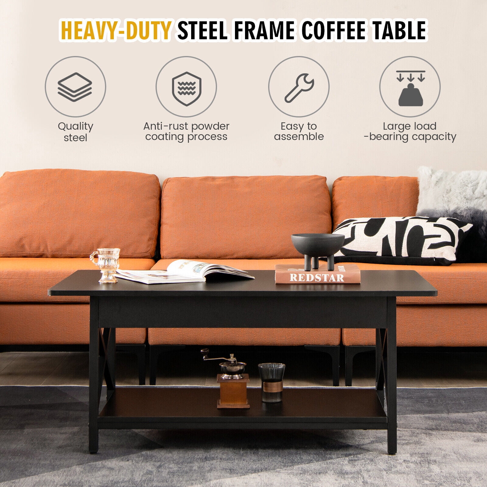 Gymax Coffee Table Industrial 2-Tier w/ Storage Shelf &Storage Shelf for Living Room Black