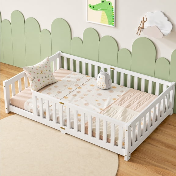 Sesslife Twin Montessori Floor Bed, Wood Twin Size Floor Bed Frame with Safety Guardrails and Slats, Low Profile Toddler Bed for Kids Boys and Girls, No Box Spring Needed, White