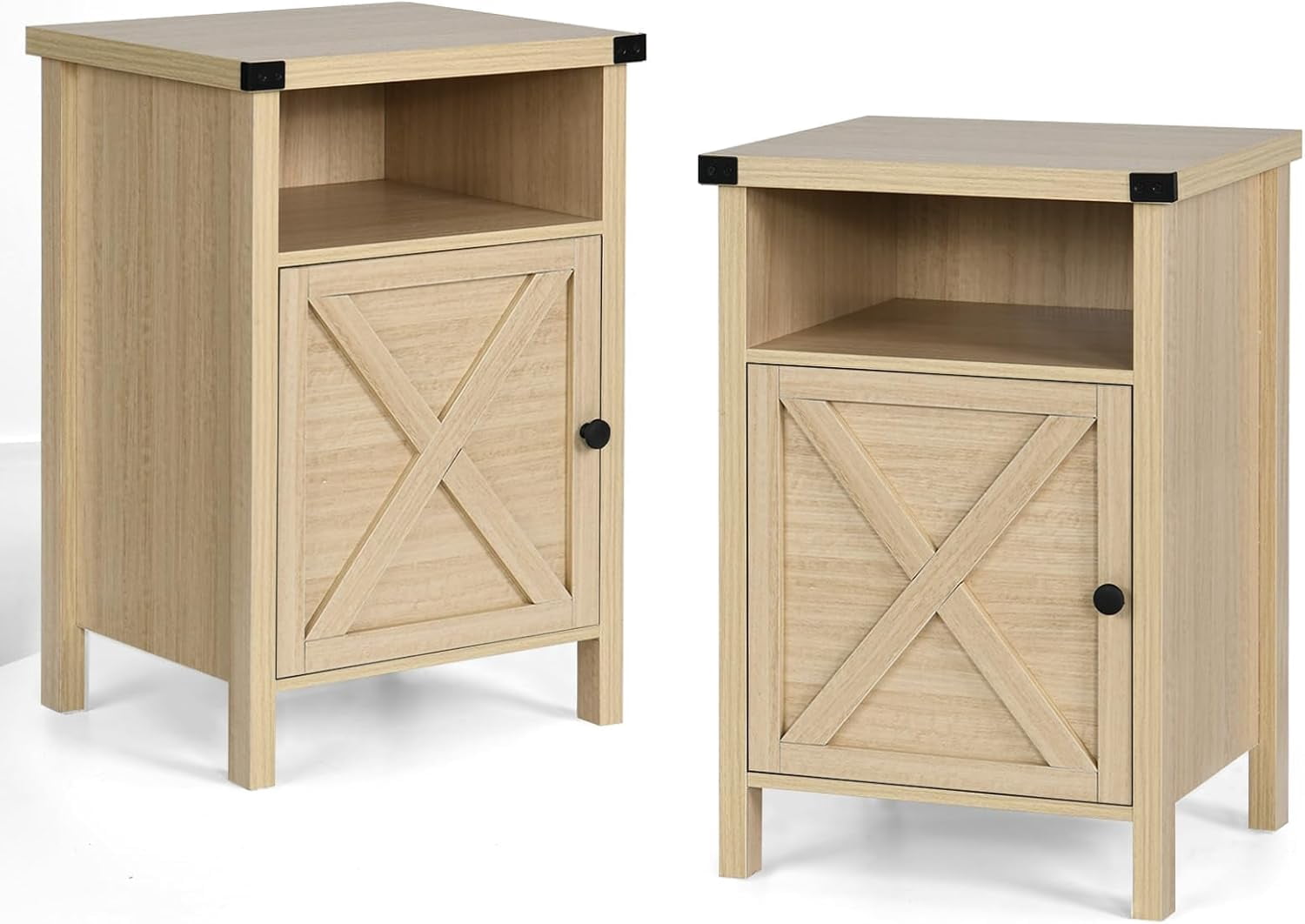 4 EVER WINNER Light Oak Barn Door Side Table Set of 2, Minimalist End Table with Barn Door Storage, Side Table for Dining Room Living Room