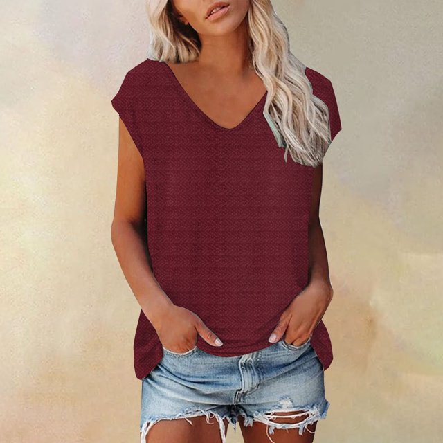 YLHFASHION T-shirt à Manches Courtes Col en V Texture Géométrique Simple et à la Mode pour Femmes Liquidation