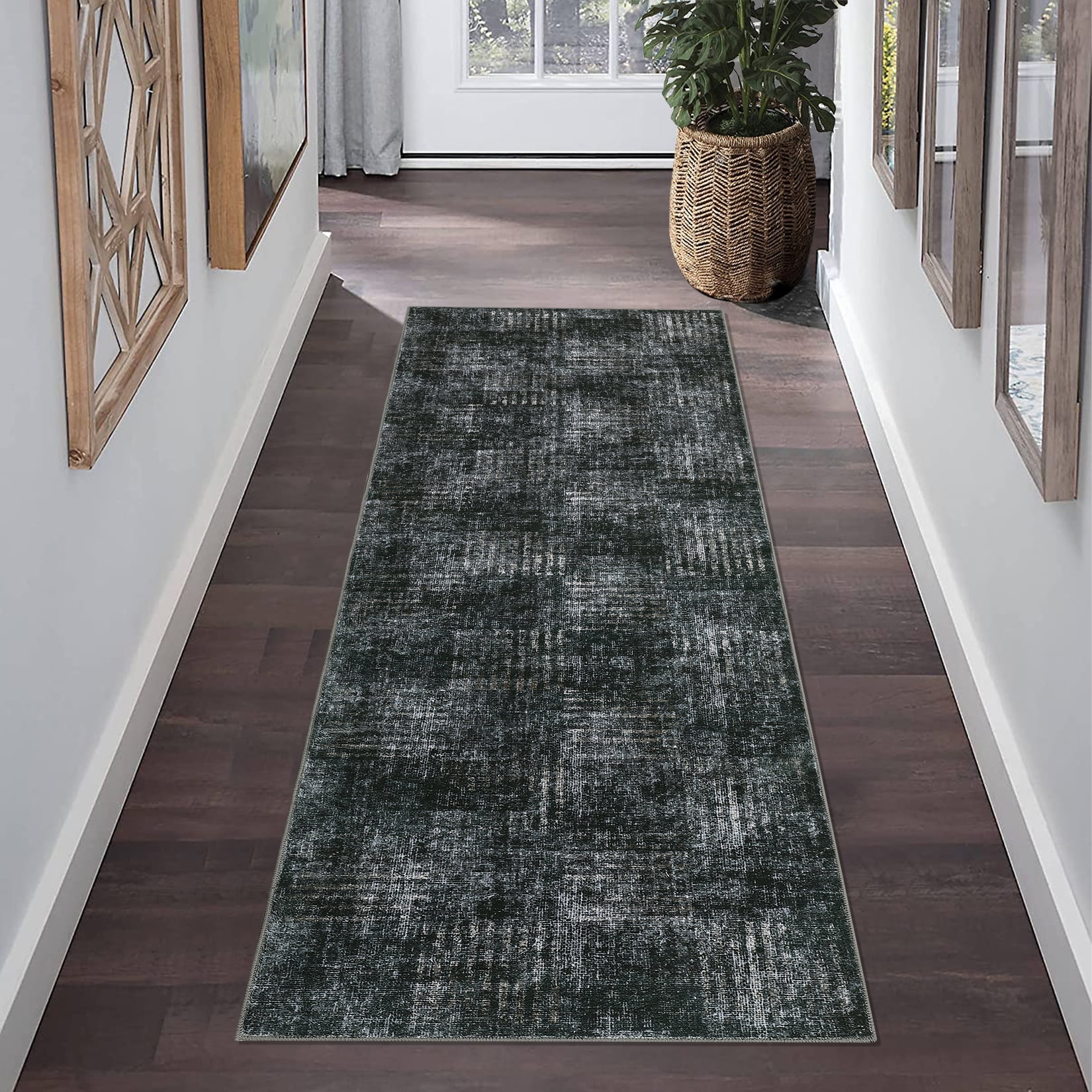 Hasoo Runner Rug 2' x 6' Washable Rugs for Hallway Abstract Geometric Pattern Carpet Modern Rug, Dark Gray