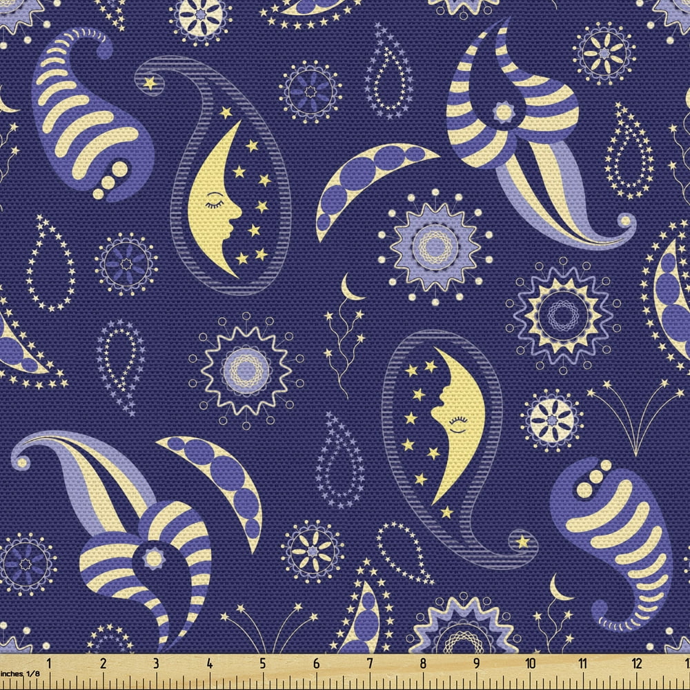 Moon Fabric by the Yard, Abstract Floral with Stars and Sleeping Moons