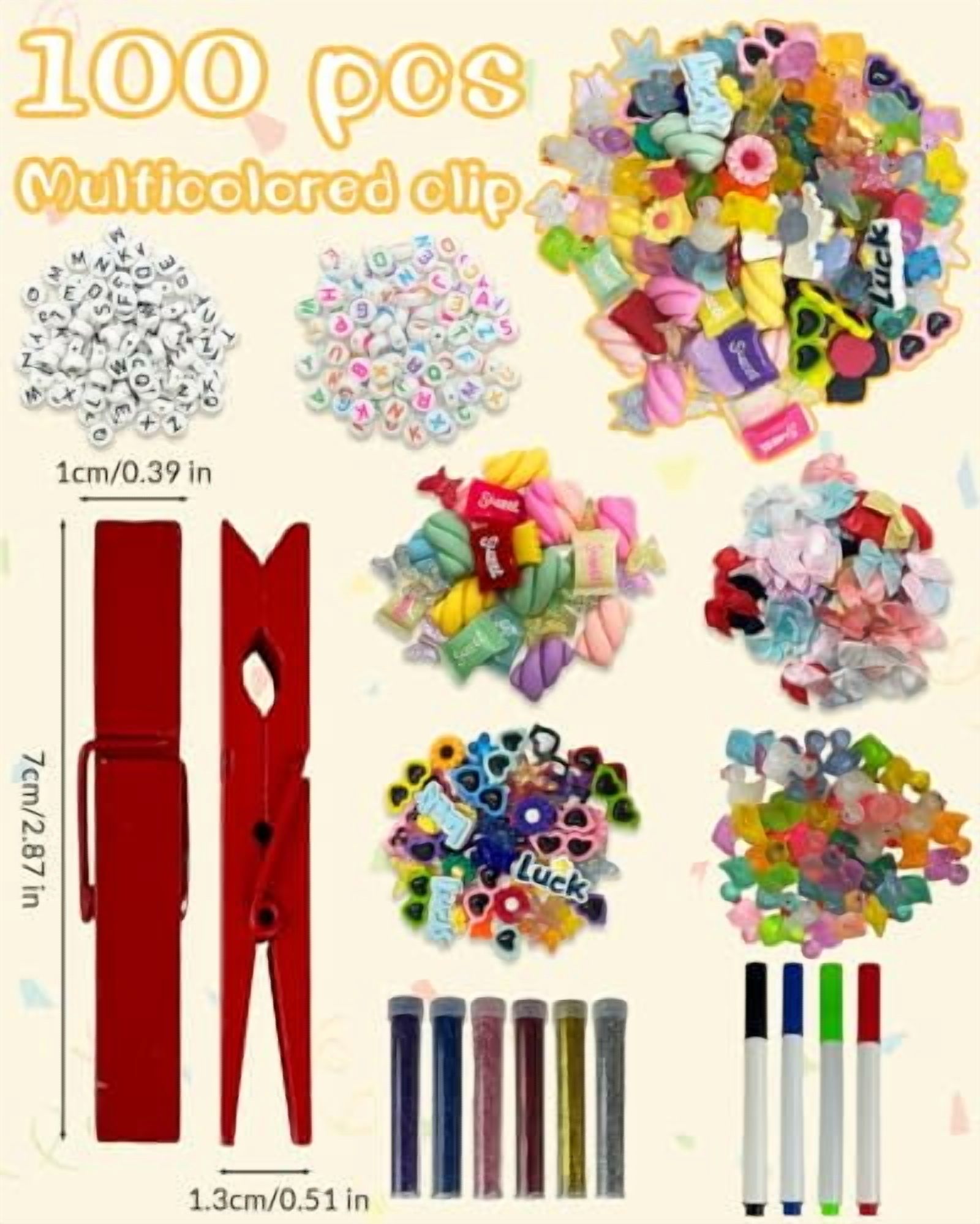 Cheer Pins Spirit Clips – 100 - Pack Multicolor Wooden Clips with Mini Bows, Duck Charms & Self-Adhesive Glitter for DIY Cheer Accessories, Schoolbag Decor, Team Crafts Gifts (Glue Not Included)$$