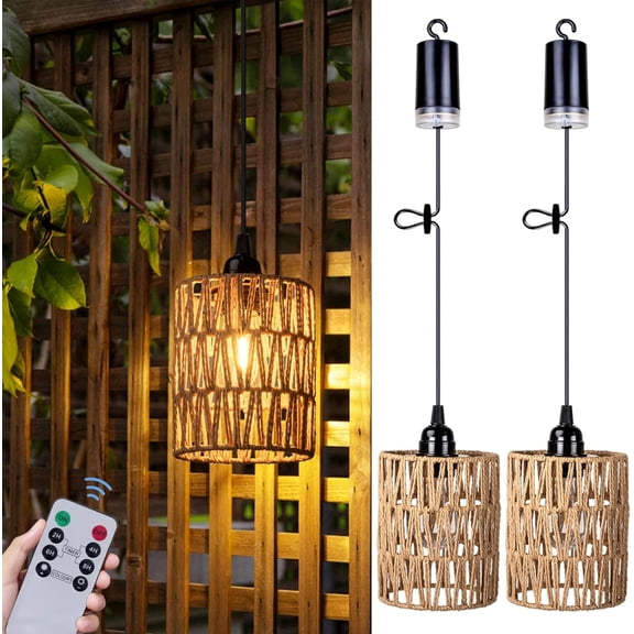 Battery Operated Chandelier, Battery Hanging Pendant Light, Rattan Lights with Warm White Bulb, 4*AA Battery Powered, for Gazebo Pergola Porch Patio Outdoor Indoor Decor (2)