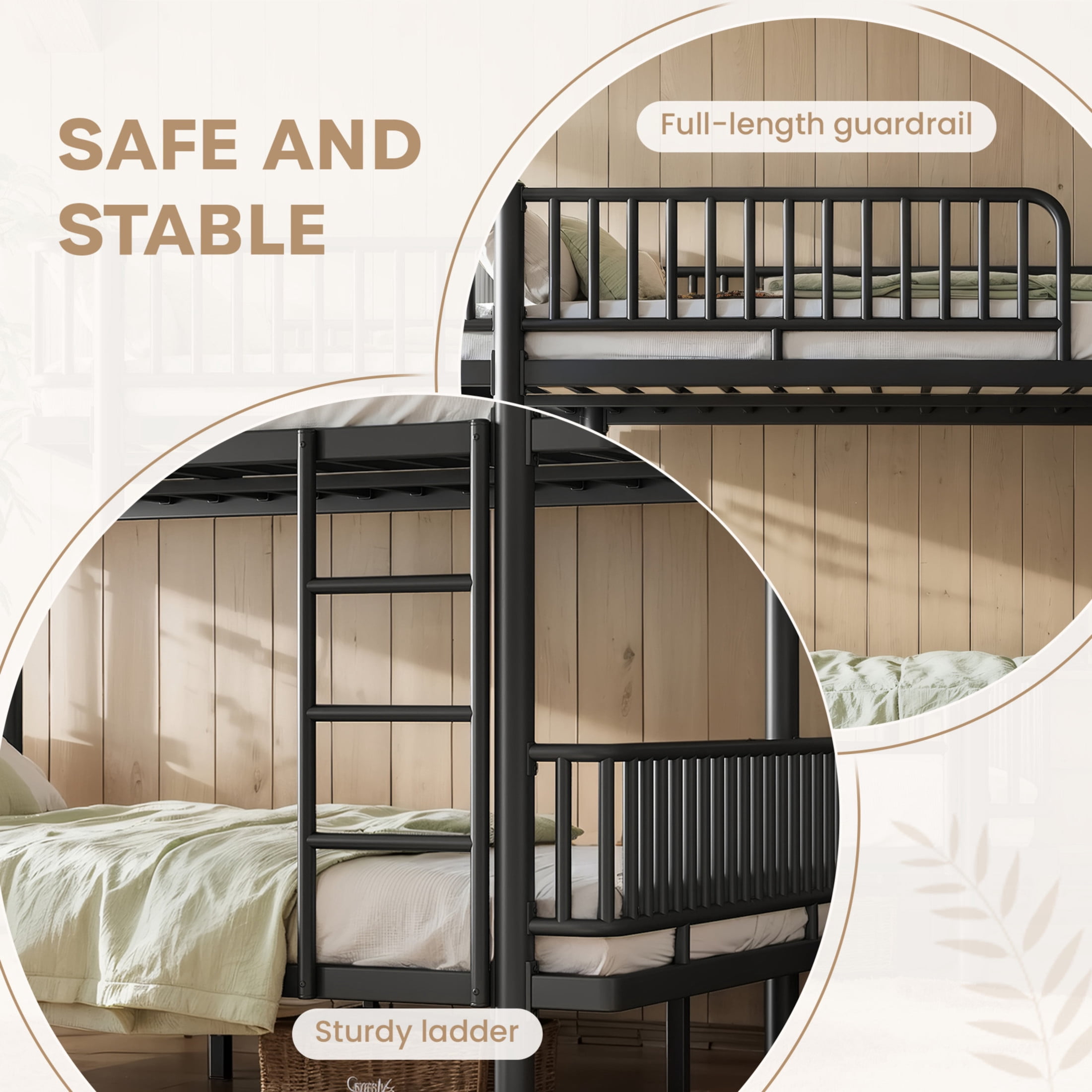 Noble House Queen over Queen Bunk Bed with Guardrails and Ladder, Can Separate into 2 Platform Beds, Black