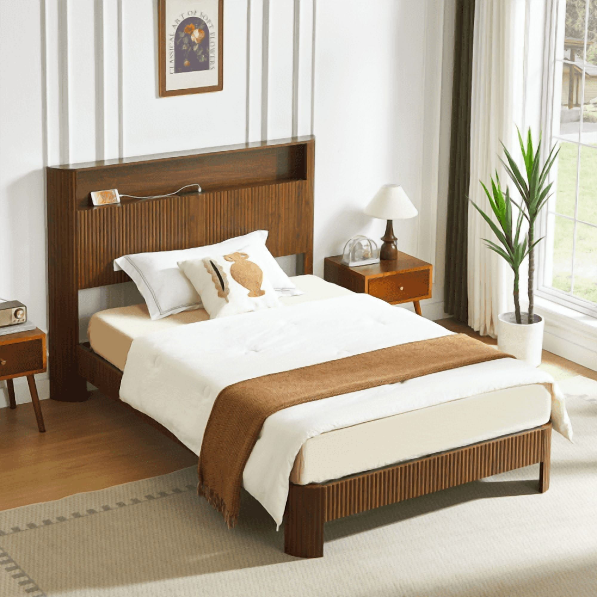 Full XL Bed Frame with Storage Headboard & Built-in Charging Station - Modern Wavy Design, Silent Metal Support, Walnut Finish, Farmhouse Bed