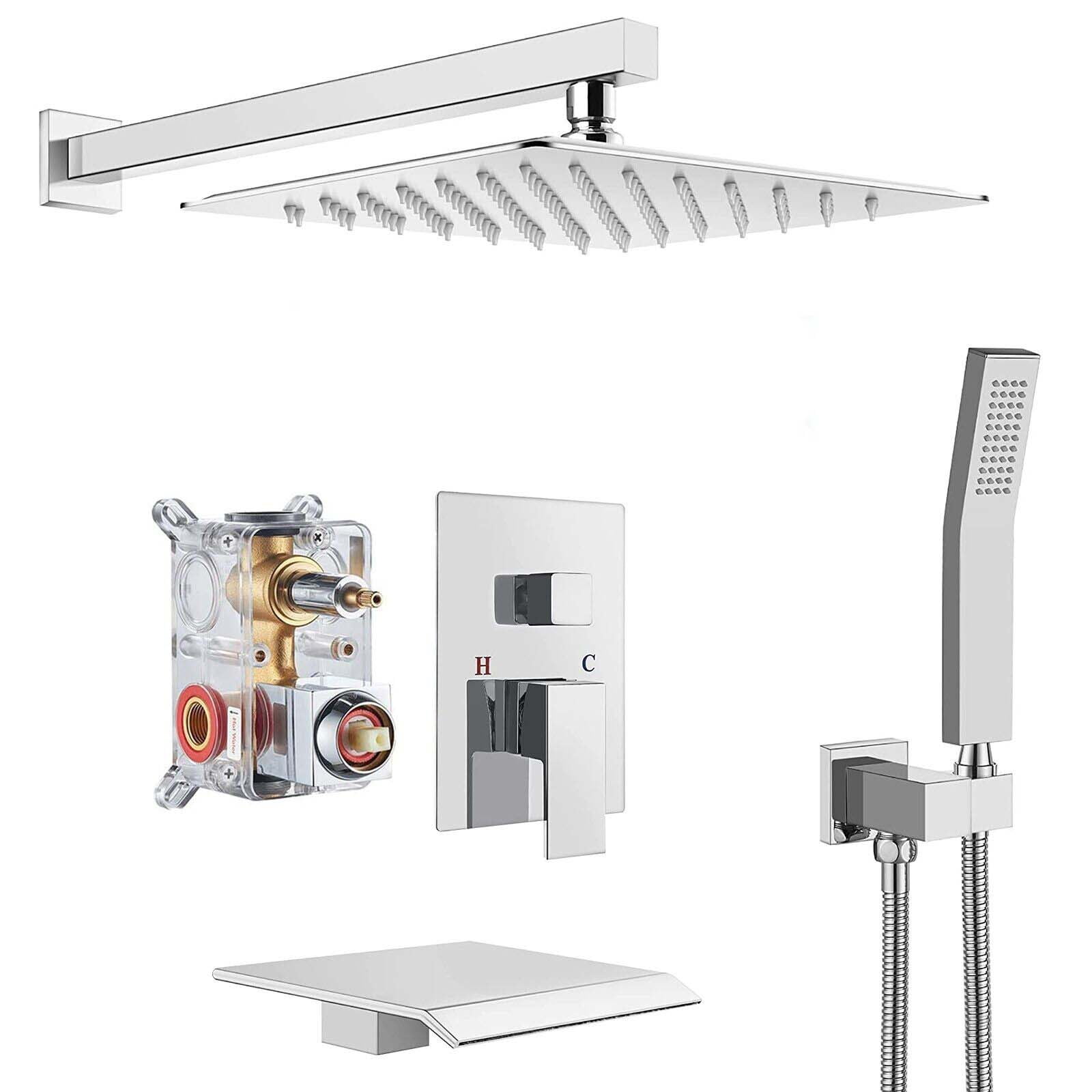 Zovajonia Shower System 12 Inches Shower Faucet Set, Rain Shower Head with Handheld Spray Bathroom Wall Mount Shower Fixtures with Tub Spout Polished Chrome