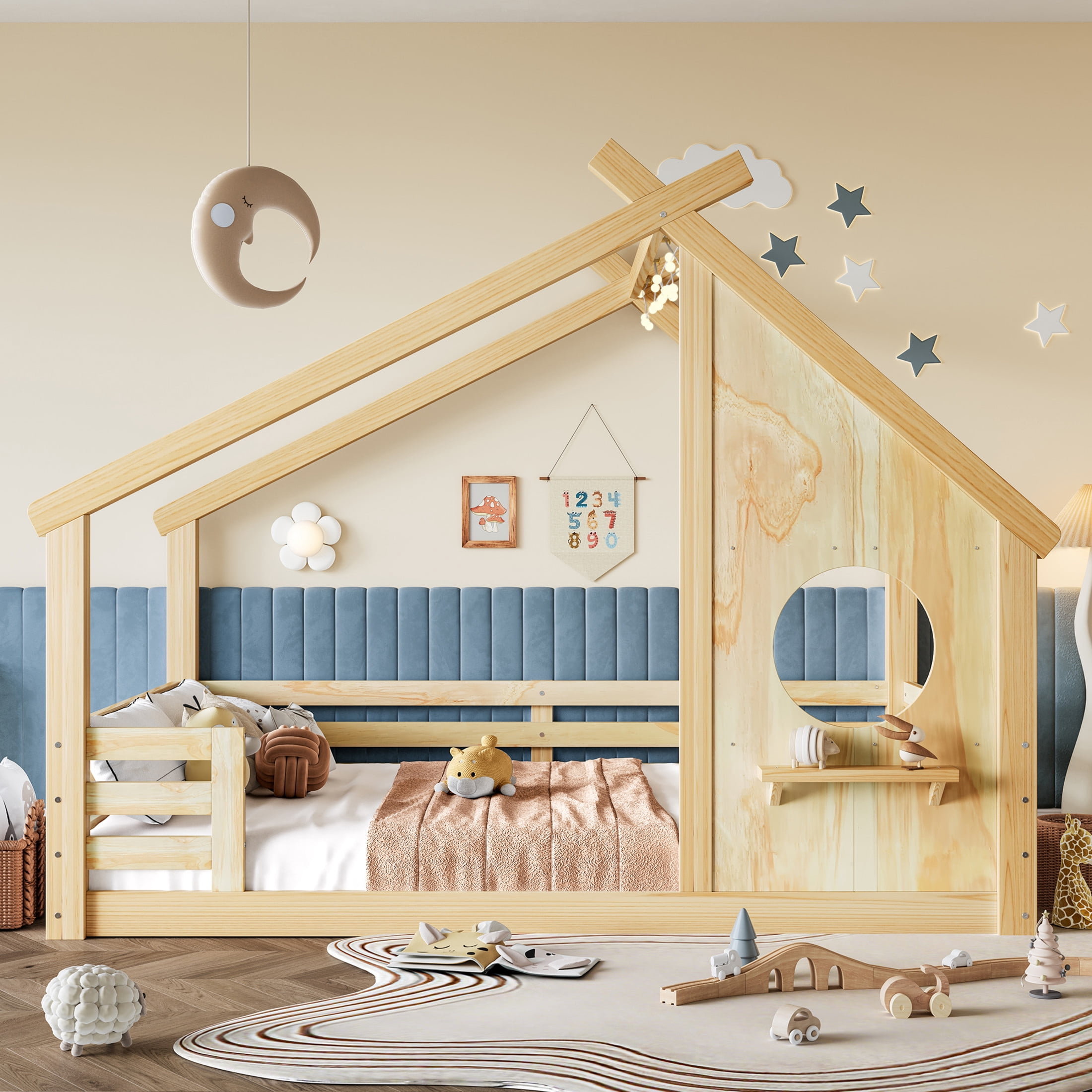 Noble House Full House Floor Bed with Small Shelf, Montessori Kids Bed Frame, Natural