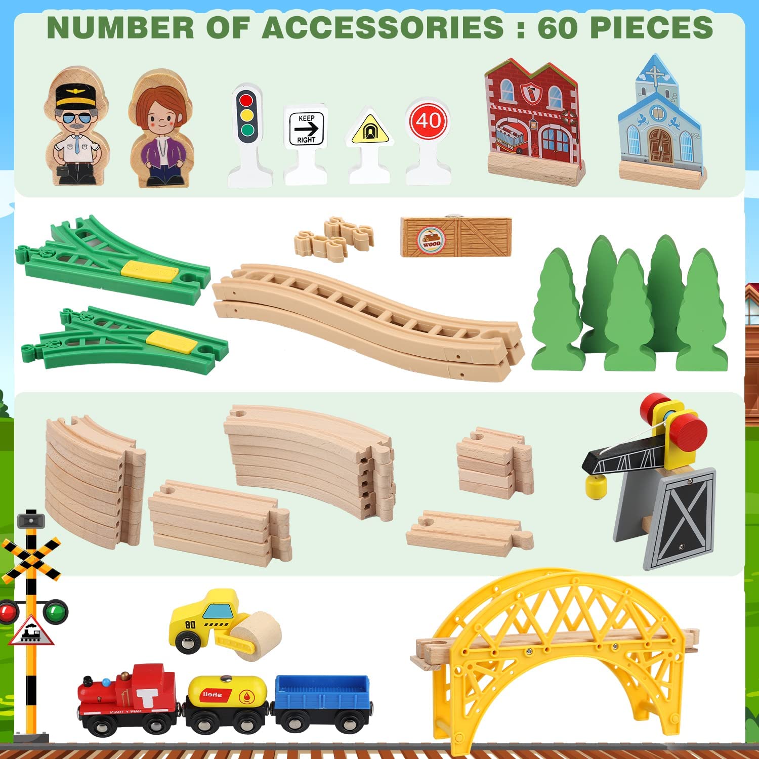 TOY Life Wooden Train Set 60pcs Toddler Boy Toys for 3 Year Old Boys - Wood Train Set with Crane Wood Train Tracks Toys Fits Thomas Brio Melisa Chugginton Gifts for Boys