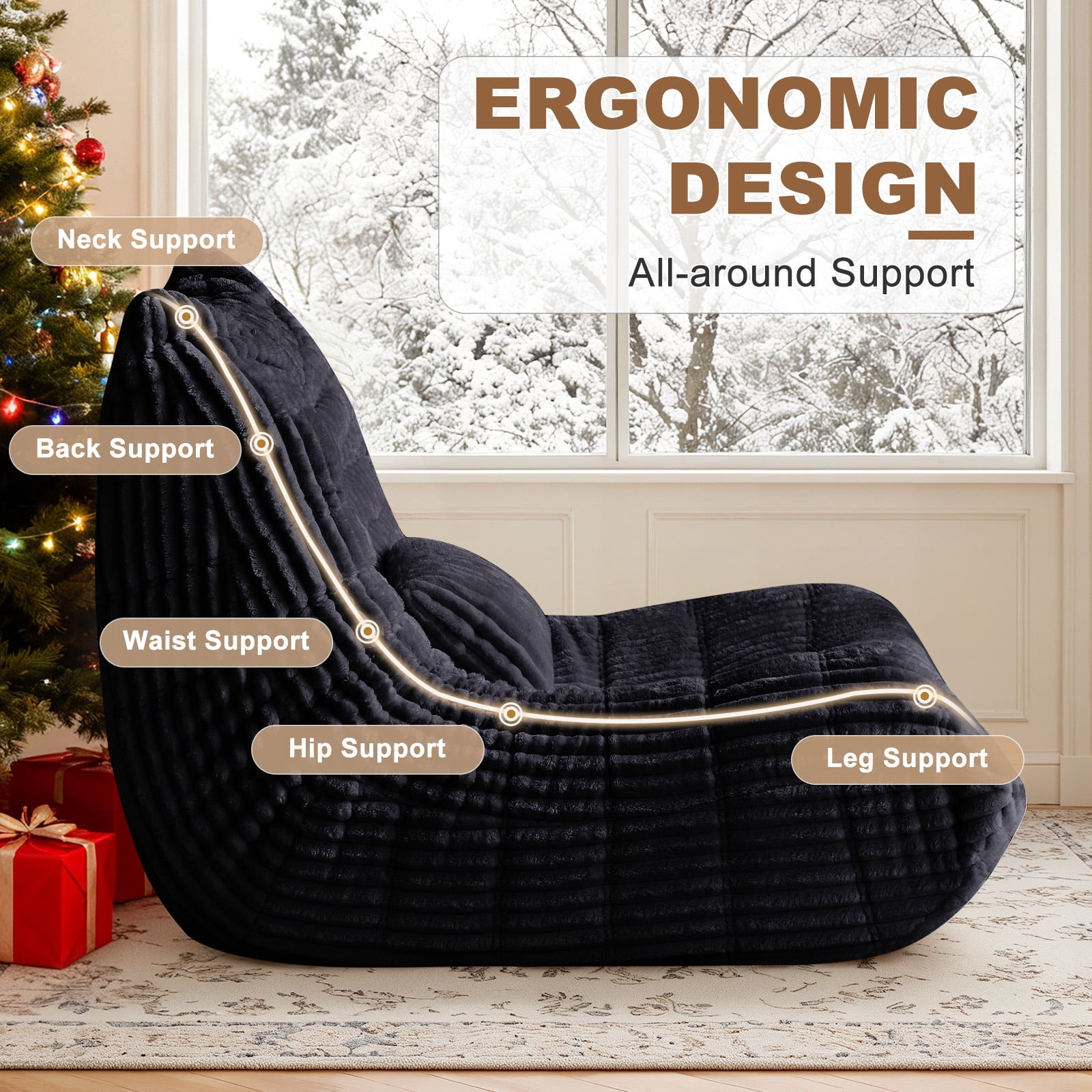 Bean Bag Chair for Adults with Lumbar support pillow, Memory Foam Giant Bean Bag Sofa with Corduroy Material Lazy Sofa for Living Room Bedroom Dorm Office, Black