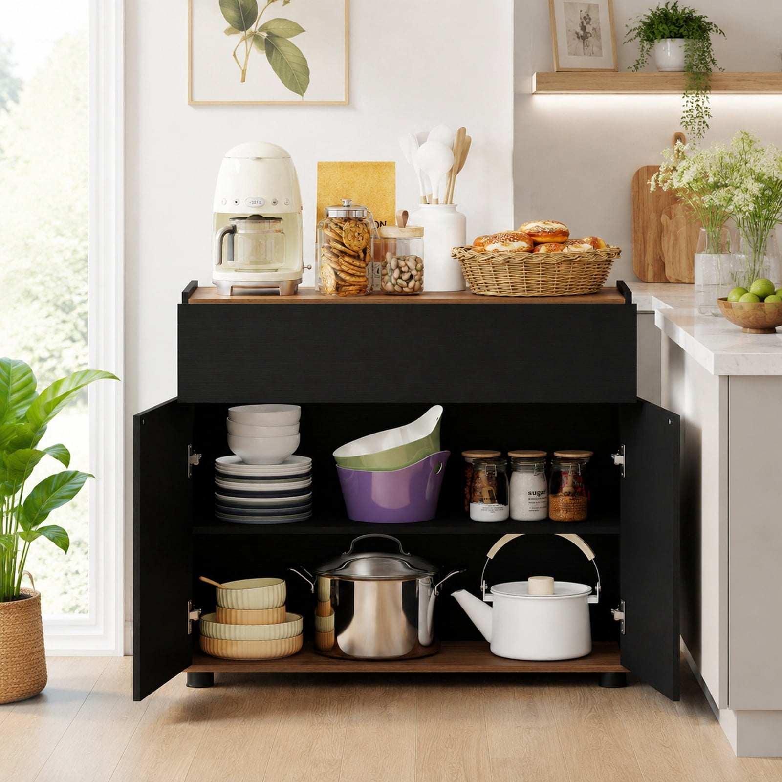 Furnibear Sideboard Buffet Cabinet with Storage Wooden Kitchen Storage Cabinet for Kitchen Dining Living Room Buffet Storage Server, Black