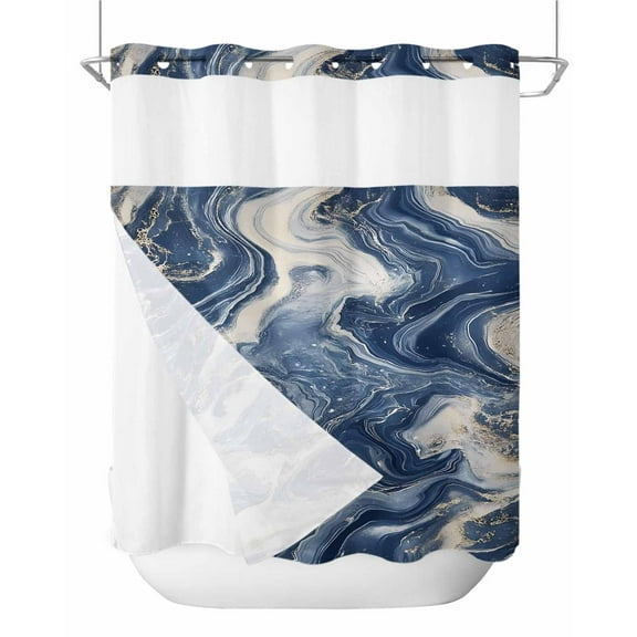 No Hook Shower Curtains with Snap in Liner, Blue White Marble Waterproof Fabric Shower Curtain, Nature Stone Abstract Double Layers & See-Through Top Window Bathroom Curtains 72''x72''