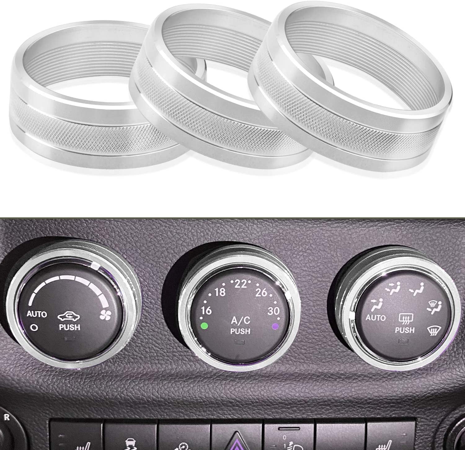 Bkuxy for Wrangler JK Knob Cover Air Condition A/C Climate Control Volume  Center Console Switch Button Ring Trim Accessories for 2011-2018 Jeep  Wrangler JK JKU,3 Pcs 