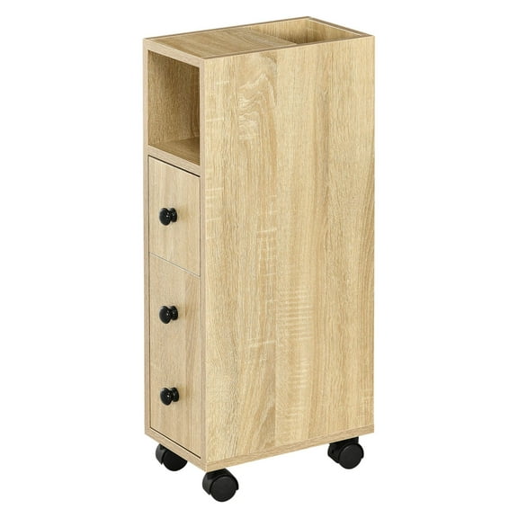 Bathroom Cabinet with Wheels, Freestanding Storage Organizer - Oak Finish, 2 Open Shelves, 1 Drawer & Door - Compact Design for Small Spaces