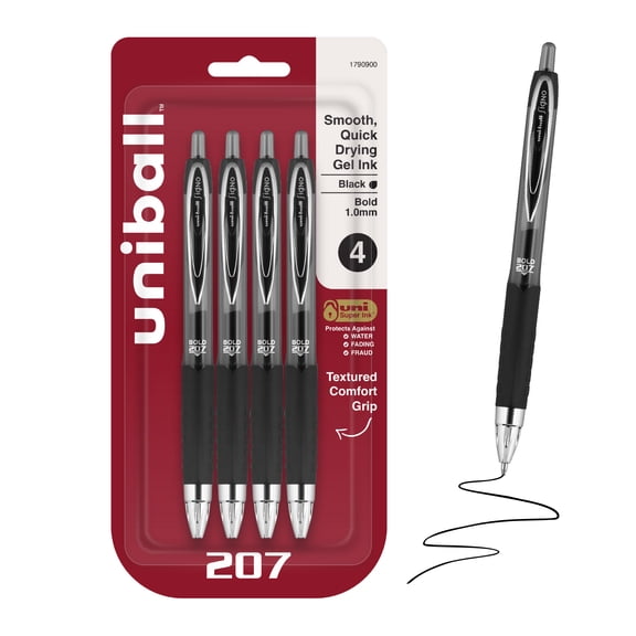 uniball™ 207 Retractable Gel Pens, Bold Point, 1.0mm, Black Ink, 4 Count
