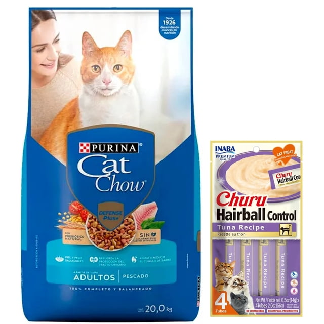 Cat Chow Adulto Pescado Defense Plus 20 kg + Churu Hairball Snack con 4 tubos de 14g