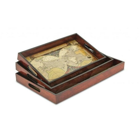 

HomeRoots 483288 Vintage World Map & Wood Veneer Serving Trays Multi Color - Set of 3
